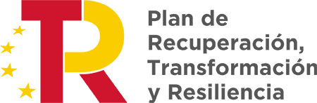 Logotipo del "Plan de Recuperación, Transformación y Resiliencia" con una R estilizada en rojo y amarillo y cuatro estrellas a la izquierda.